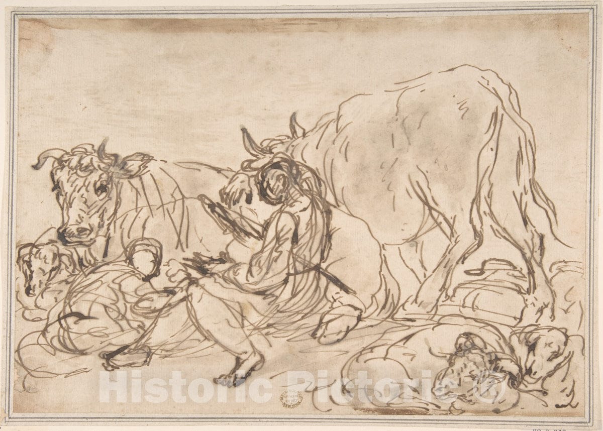 Art Print : Italian, Roman-Bolognese, 17th Century - Figures with Cattle : Vintage Wall Art