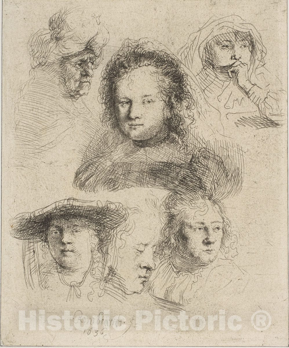 Art Print : Rembrandt (Rembrandt Van Rijn) - Rembrandt's Wife and Five Other Heads : Vintage Wall Art