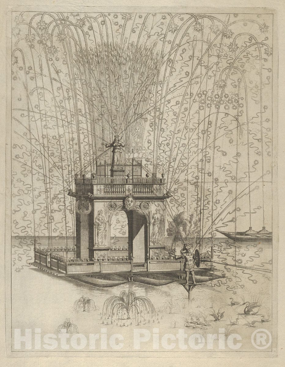 Art Print : Anonymous, French, 17th Century - Fireworks Display with Triumphal Arch Supported by Three pontoons on The Water, ated with Symbols of Louis XIV : Vintage Wall Art