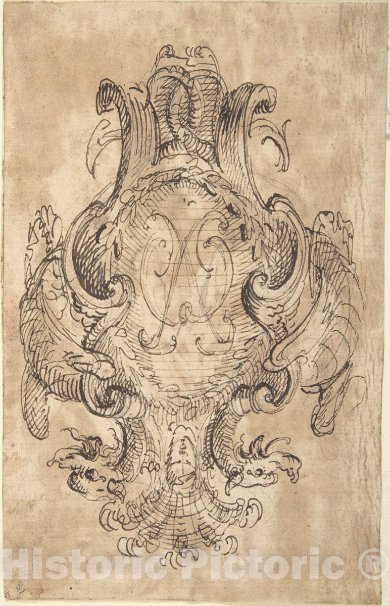 Art Print : Design for a Coat of Arms with Two Dragons and Initials - Artist: Italian, Piedmontese, 18th Century - Created: 1700–1780 : Vintage Wall Art