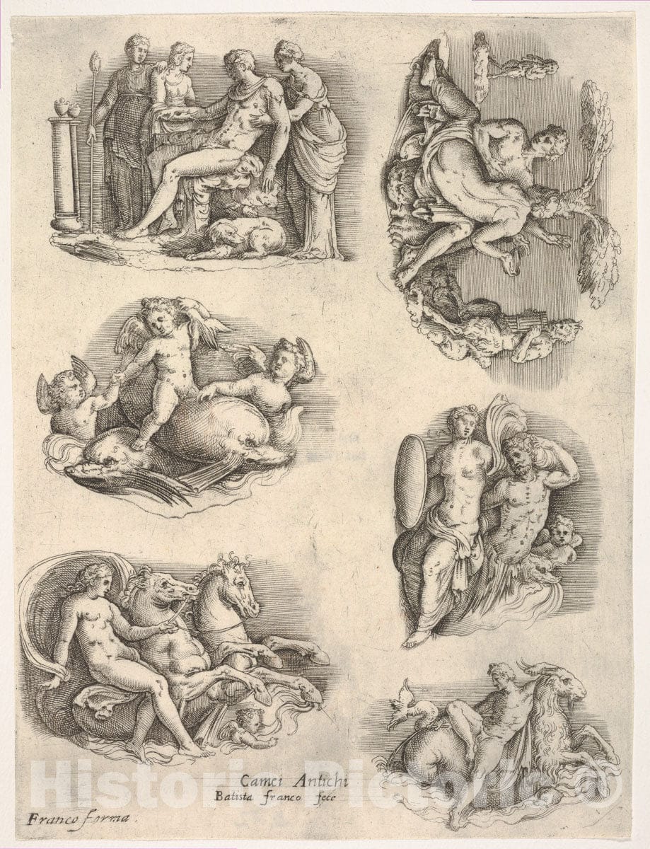 Art Print : Six Subjects After Antique Cameos: Female Figures Tending to a Seated Male Figure - Artist: Battista Franco - Created: : Vintage Wall Art