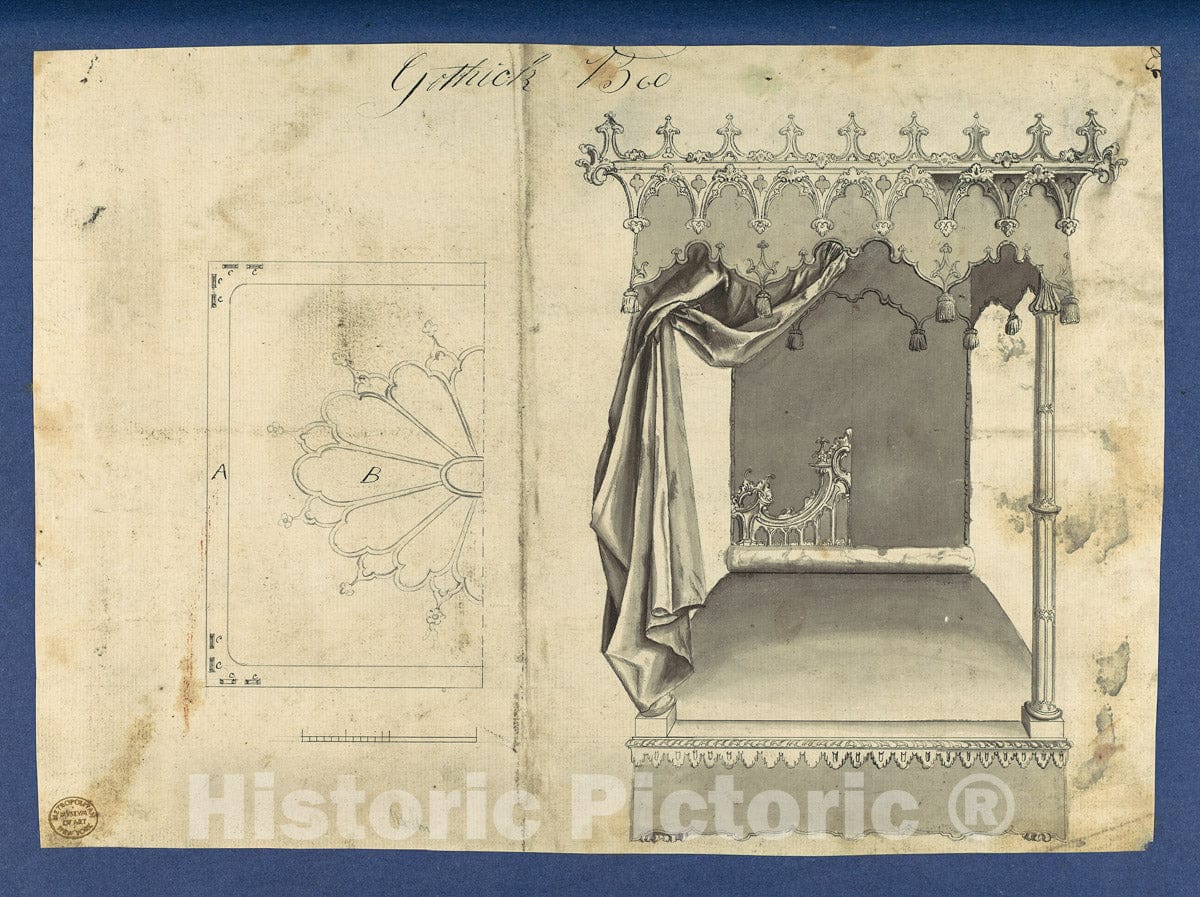 Art Print : Thomas Chippendale - Gothick Gothic Bed, in Chippendale Drawings, Vol. I 1 : Vintage Wall Art