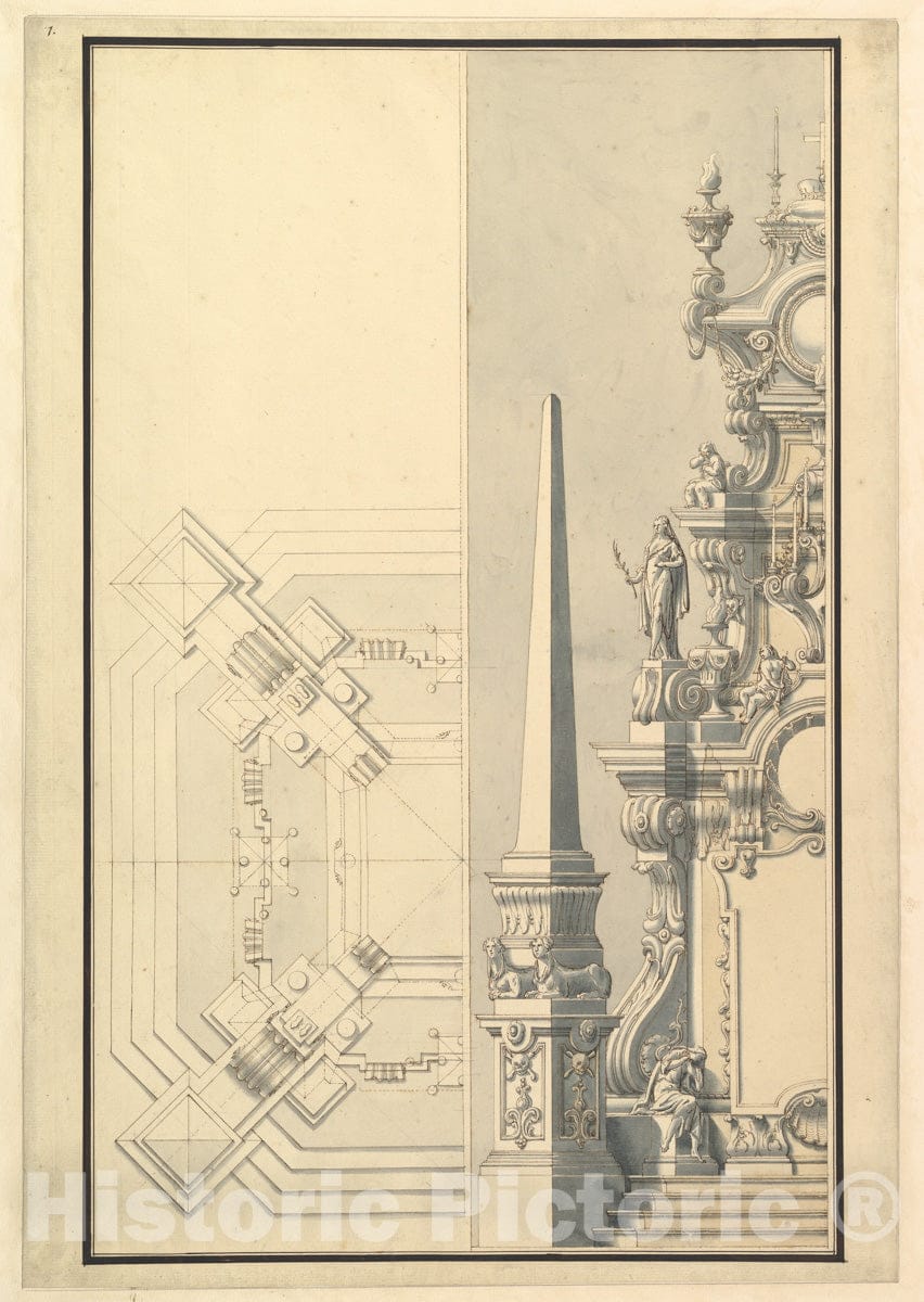 Art Print : Half Elevation and Half Ground Plan for a Catafalque for Margherite Louise d'Orleans, Granduchess of Tuscany (1645-1721)" - Artist: Bibiena : Vintage Wall Art