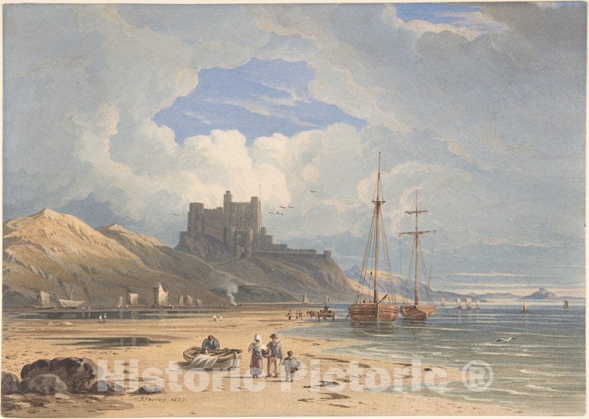 Art Print : John Varley - Bamborough Castle from The Northeast, with Holy Island in The Distance, Northumberland : Vintage Wall Art