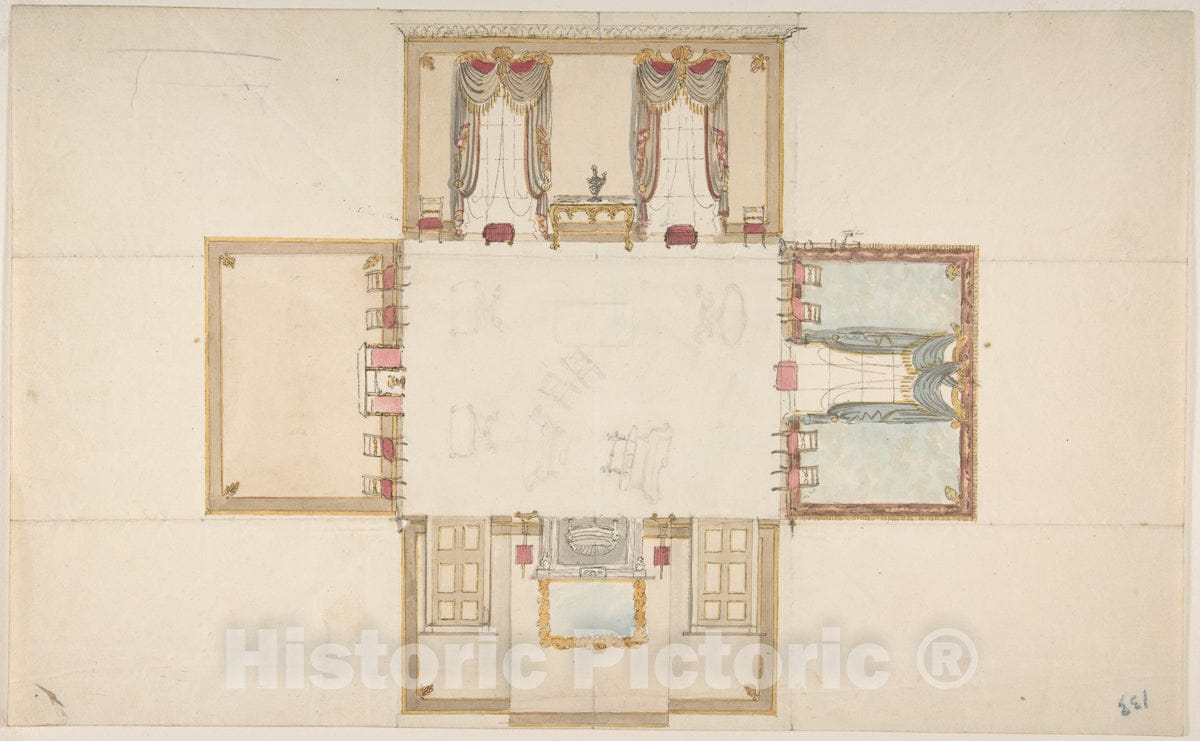Art Print : British, 19th Century - Plan and Elevations of a Room 4 : Vintage Wall Art