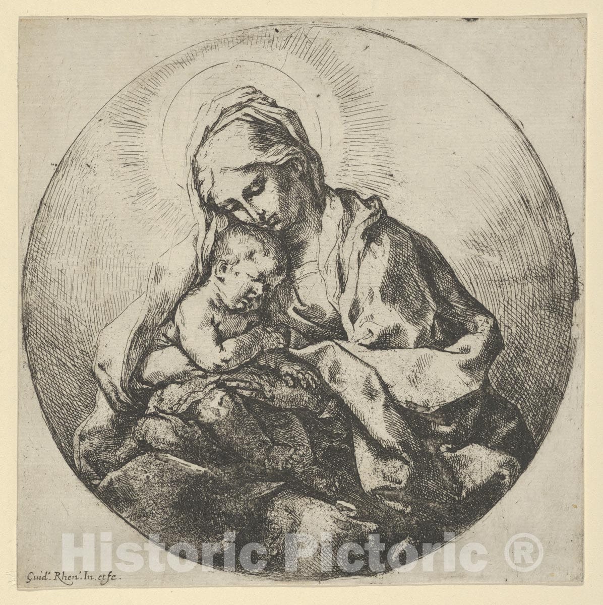 Art Print : Guido Reni - The Virgin Holding The Infant Christ with The Fingers of her Right Hand Hidden, a Circular Composition : Vintage Wall Art
