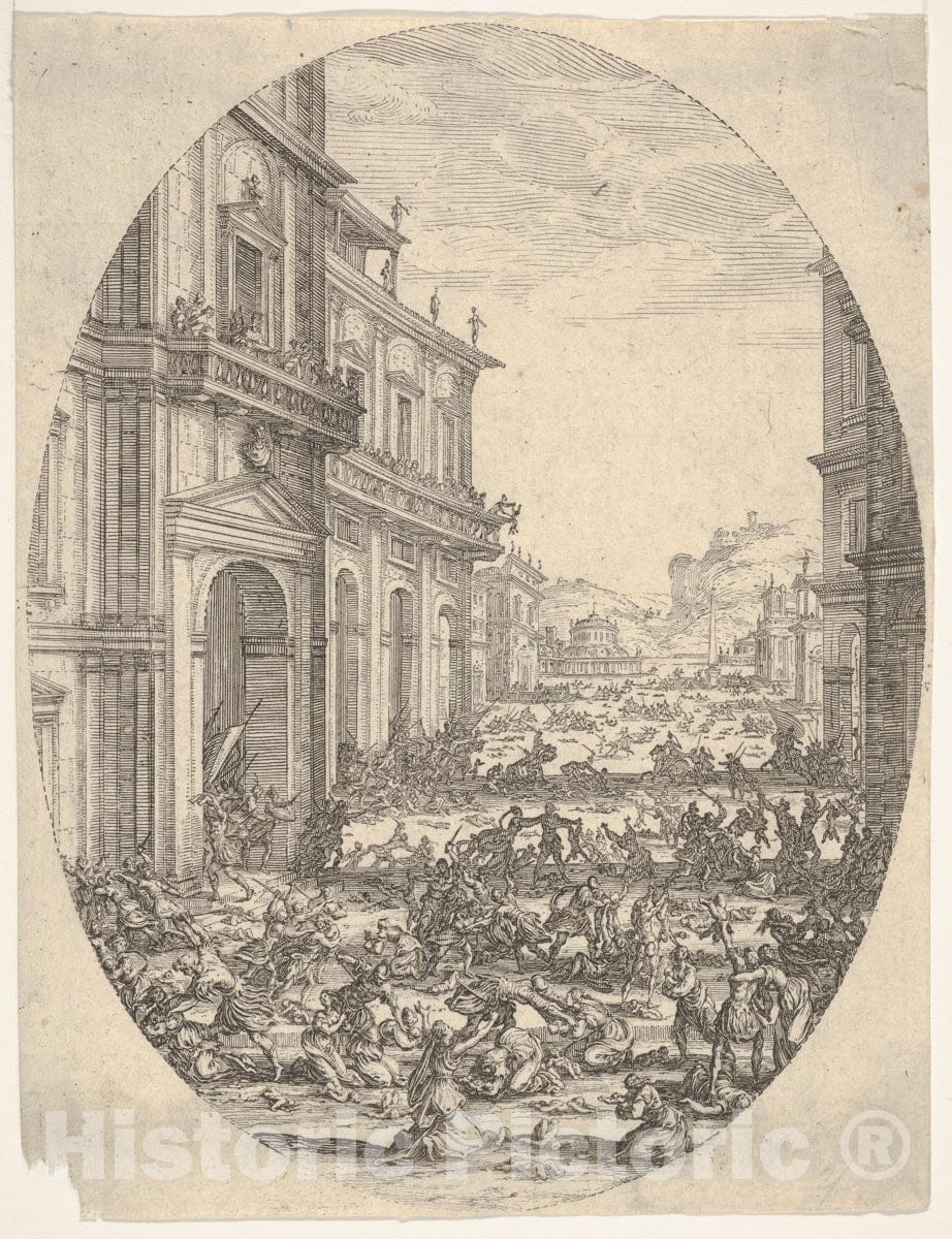 Art Print : Jacques Callot - The Massacre of The Innocents, with Architectural facades at Left and Right, an Oval Composition : Vintage Wall Art