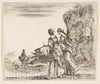 Art Print : Stefano Della Bella - Plate 3: Two Girls Walking Towards The Left, seen from Behind, a Woman on a Horse to Left in Background, from 'Diversi capricci' 2 : Vintage Wall Art