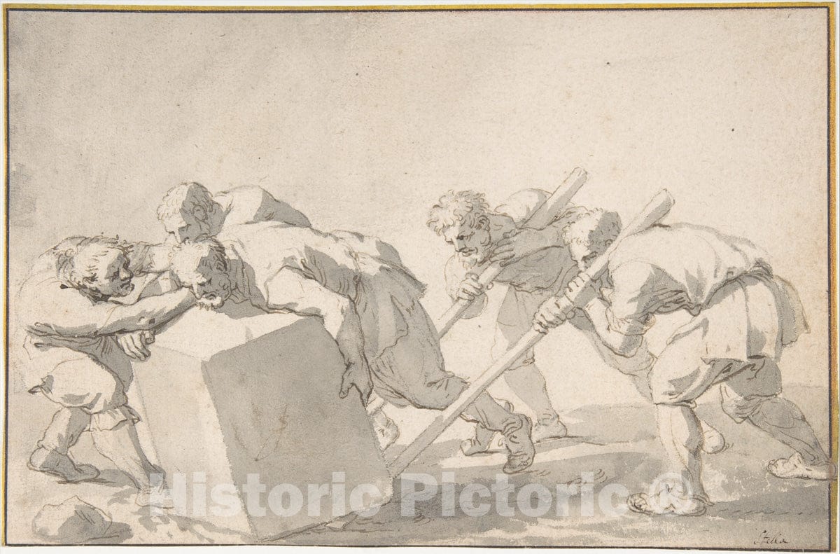 Art Print : Jacques Stella - Five Men Pushing a Block of Stone : Vintage Wall Art