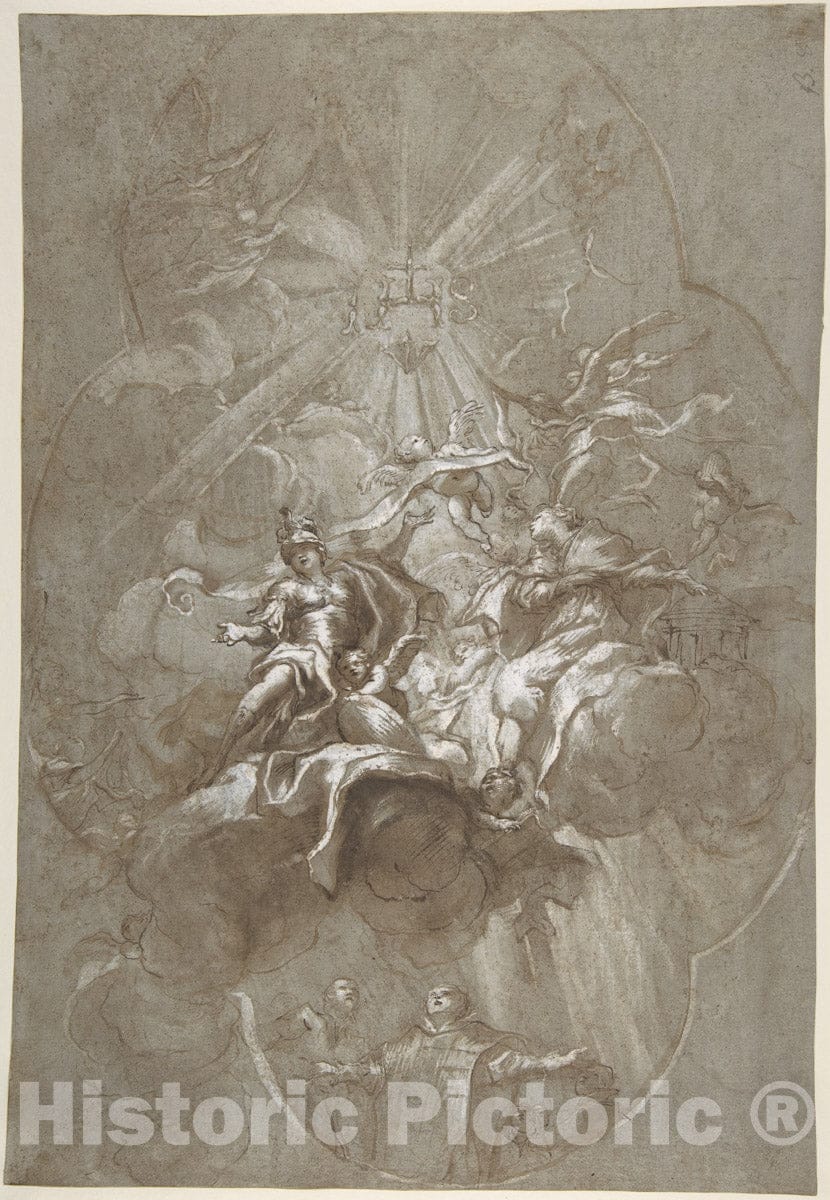 Art Print : Lorenzo de' Ferrari - Ceiling Design with The Glorification of The Name of Jesus (Recto)