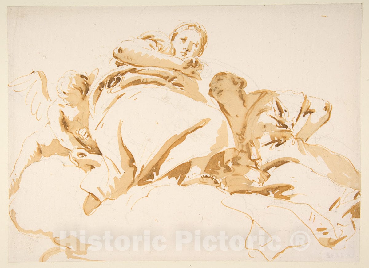 Art Print : Giovanni Battista Tiepolo - Two Women and a Winged Boy on Clouds : Vintage Wall Art