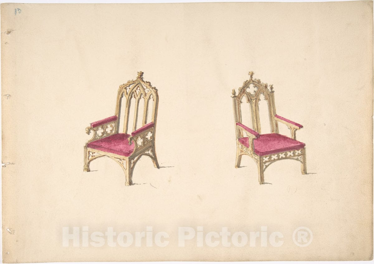 Art Print : British, 19th Century - Design for Two Gothic Style Armchairs : Vintage Wall Art