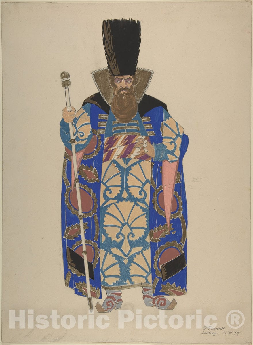 Art Print : Pavel Petrovic Froman - Costume Study for a Robed, Bearded Boyar with Staff : Vintage Wall Art