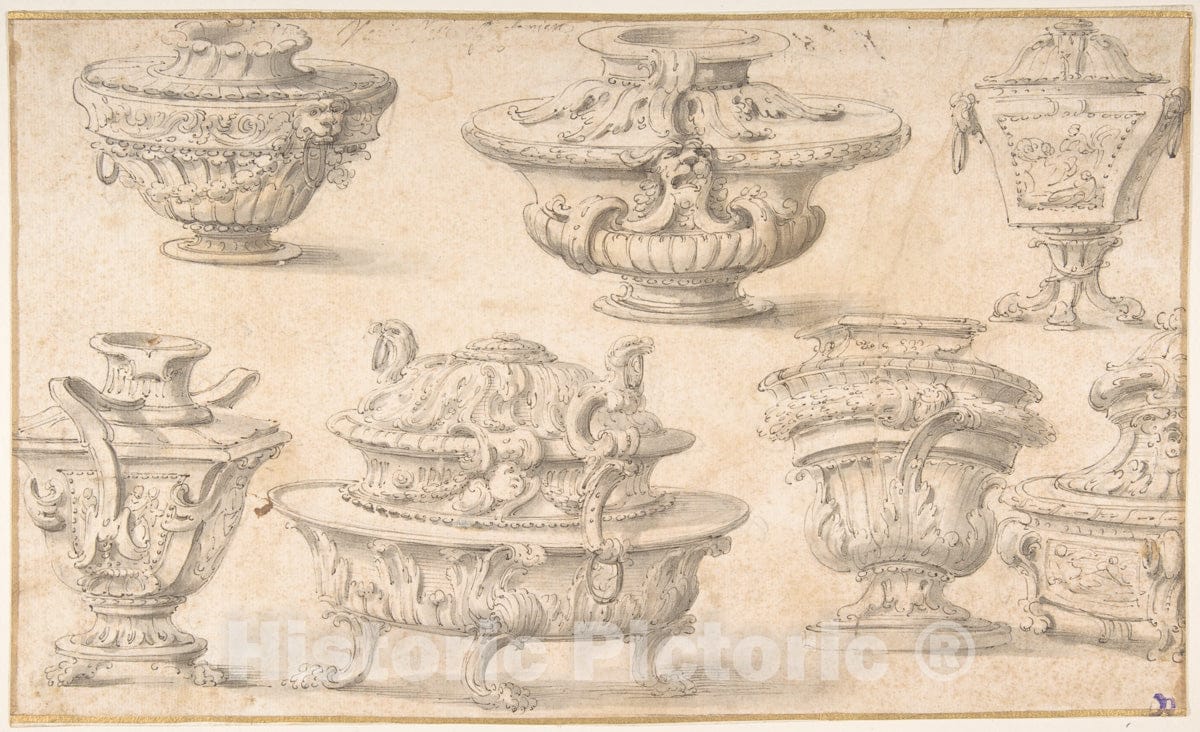 Art Print : Italian, First Half of The 18th Century - Seven Designs for Vases and Table Silver : Vintage Wall Art