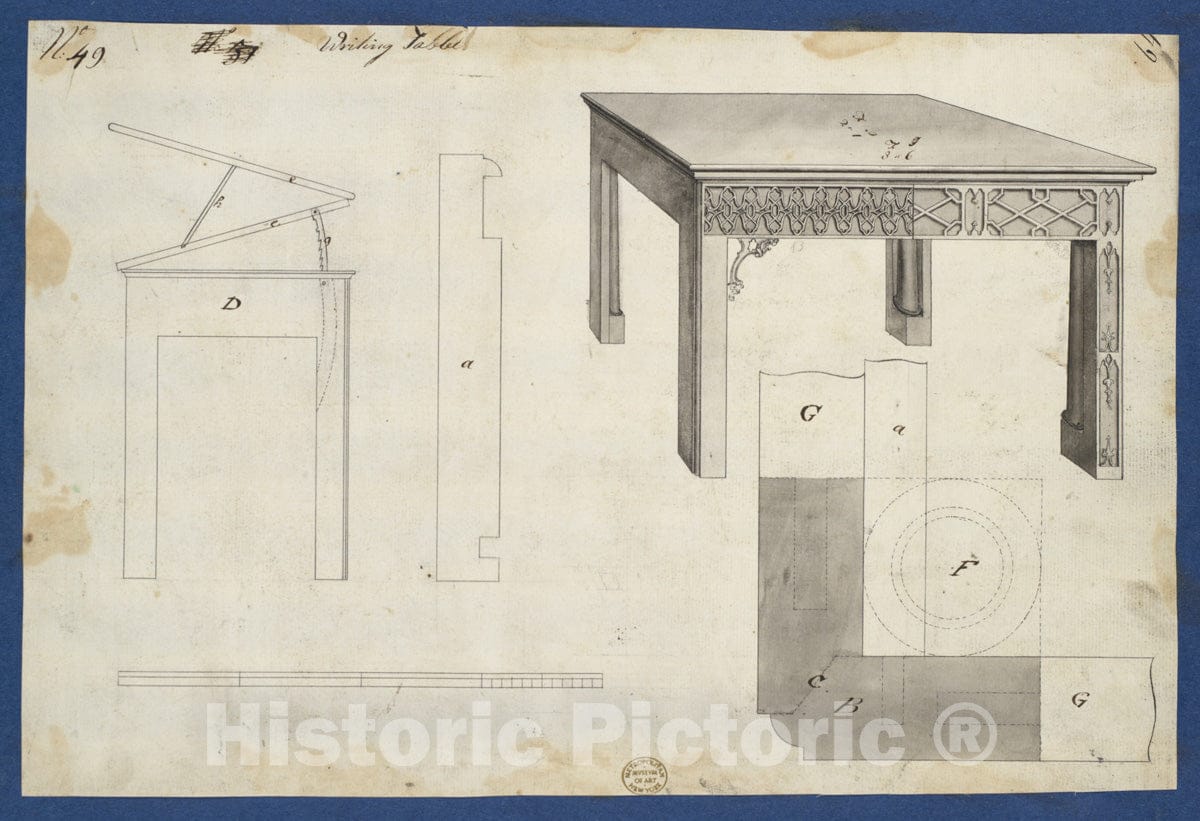 Art Print : Thomas Chippendale - Writing Table, from Chippendale Drawings, Vol. II 1 : Vintage Wall Art
