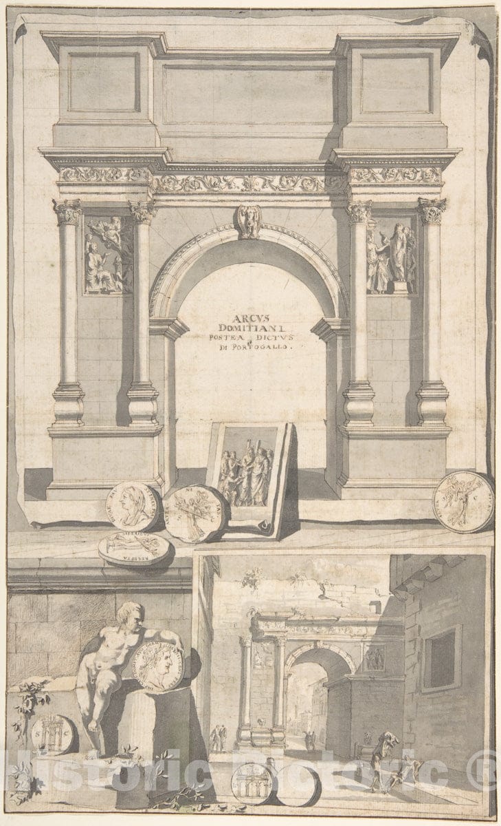 Art Print : Jan Goeree - A Reconstruction of The Arch of Domitian (Above) and View The Ruins (Below) : Vintage Wall Art