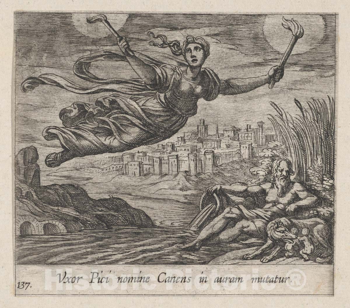 Art Print : Antonio Tempesta - Plate 137: Canens Searching for Pics (Uxor Pici nomine Canens in auram mutatur), from Ovid's 'Metamorphoses' : Vintage Wall Art