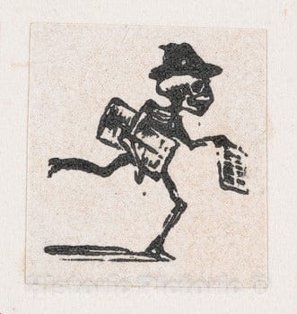 Art Print : José Guadalupe Posada - A Skeleton Wearing a hat, Holding Newspapers and Running : Vintage Wall Art