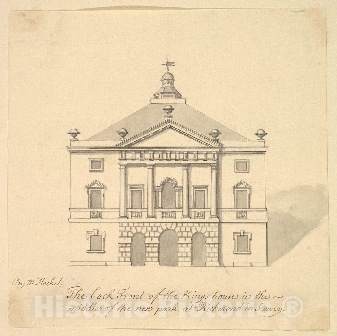 Art Print : Augustus Heckel - Elevation of Back Facade of The Kings House, Richmond, Surrey : Vintage Wall Art