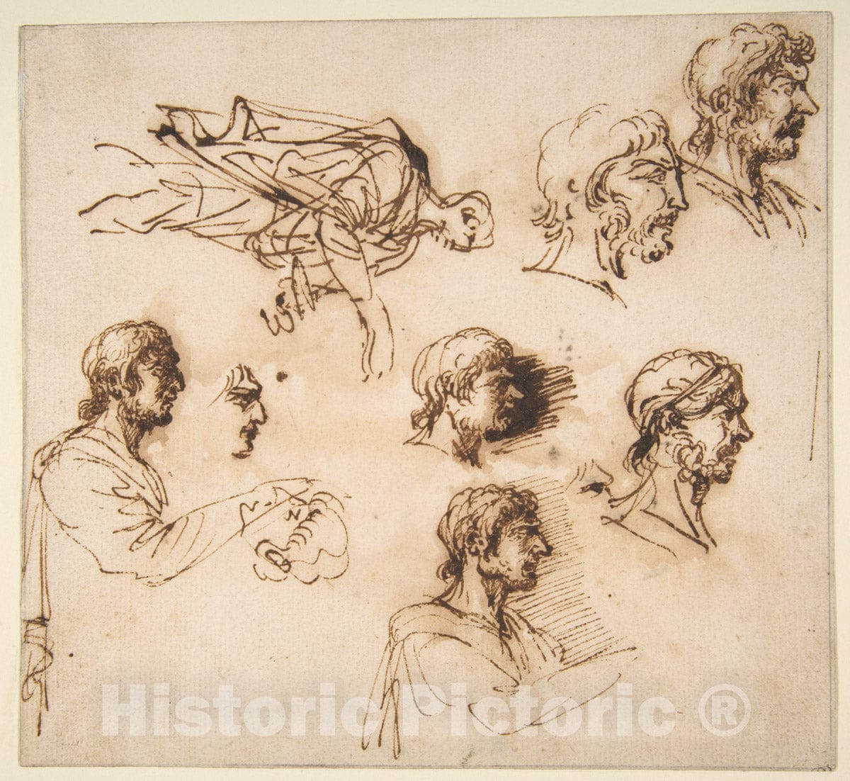 Art Print : Salvator Rosa - Studies of a Man's Head in Profile, and of a Standing Male Figure : Vintage Wall Art