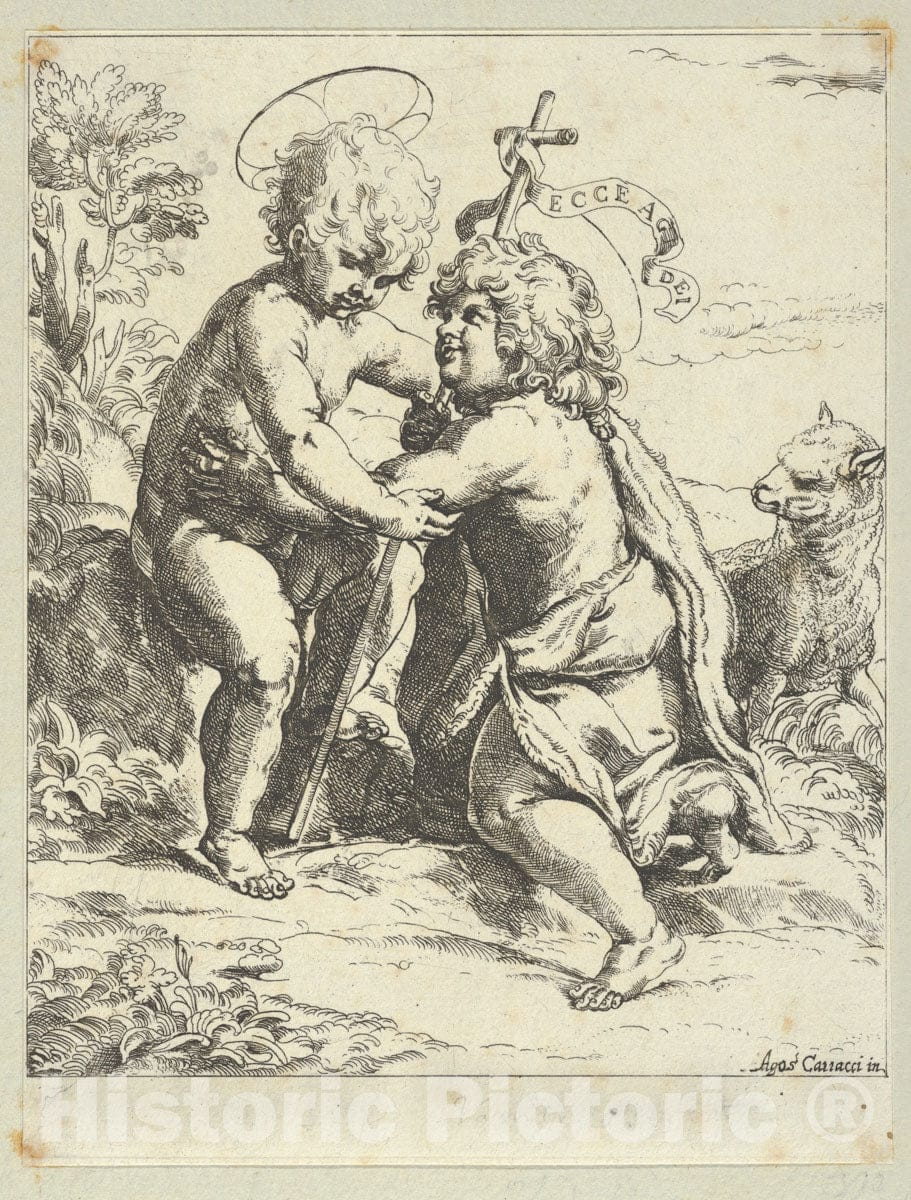 Art Print : Anonymous, 17th Century - The Young Saint John The Baptist Kneeling Before The Young Christ who Embraces him, a Lamb at Right, After Reni : Vintage Wall Art