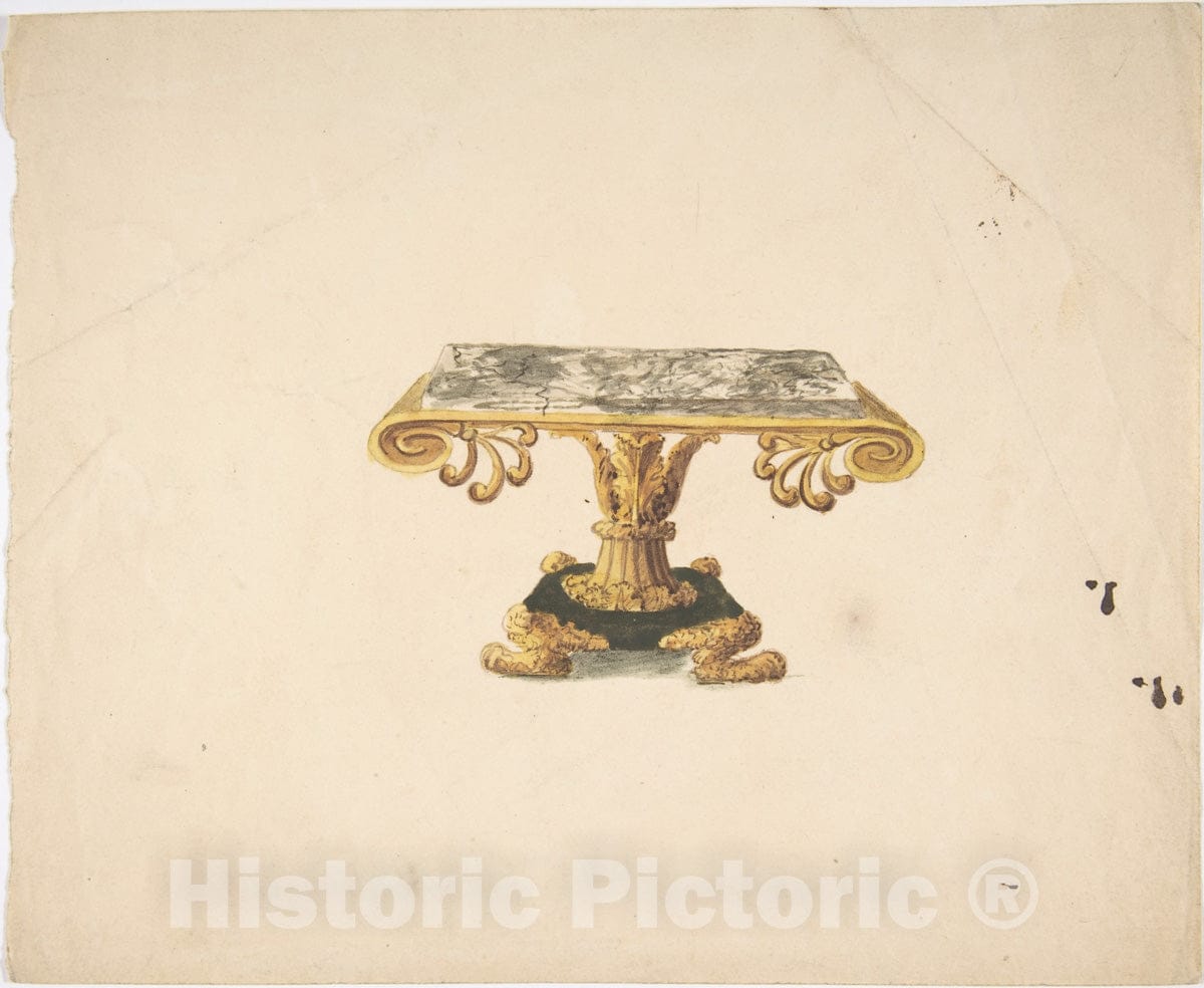 Art Print : British, 19th Century - Design for a Marble Topped Table with Gilded Pedestal and Lion's Feet : Vintage Wall Art