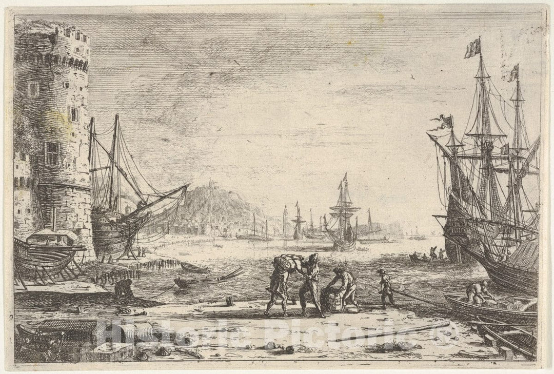 Art Print : Claude Lorrain (Claude Gellée) - Harbor with Large Tower at Left, and Figures in The Foreground : Vintage Wall Art