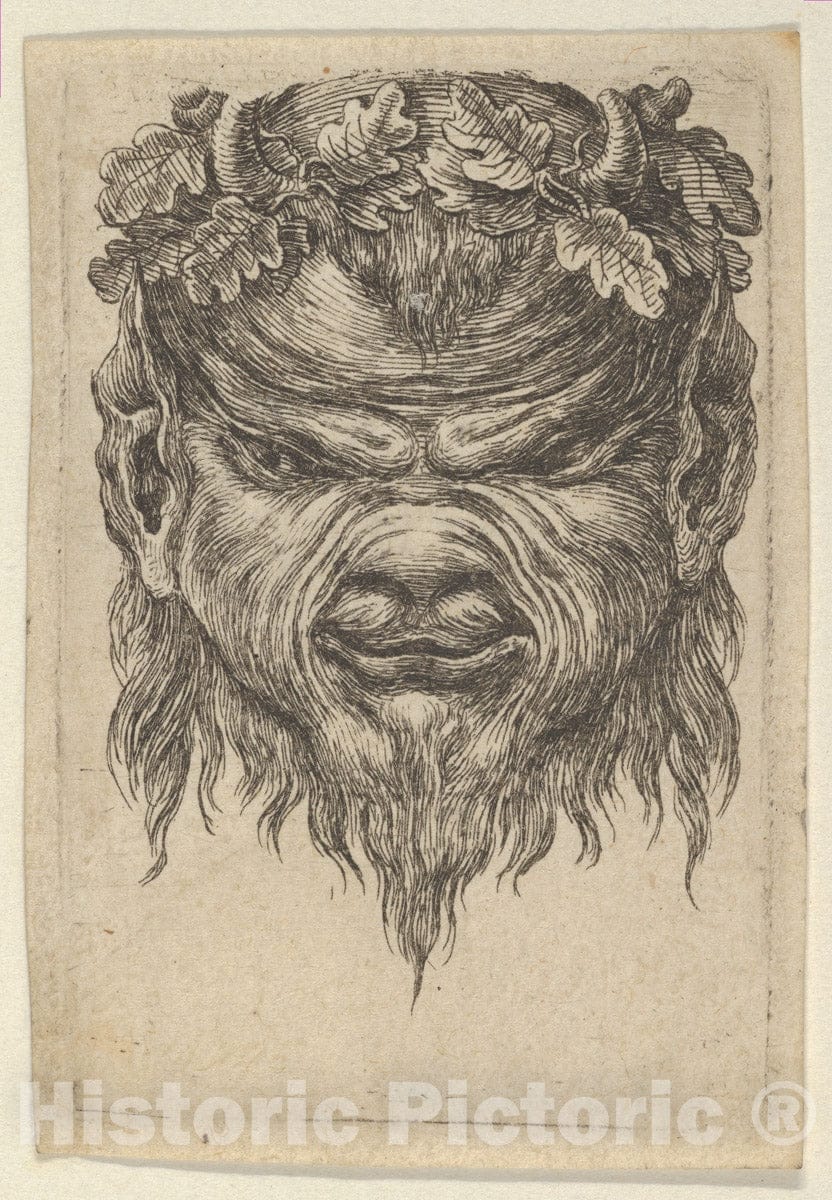 Art Print : François Chauveau - Satyr Mask with an Indented Snout and a Wreath of Oak Leaves, from Divers Masques : Vintage Wall Art