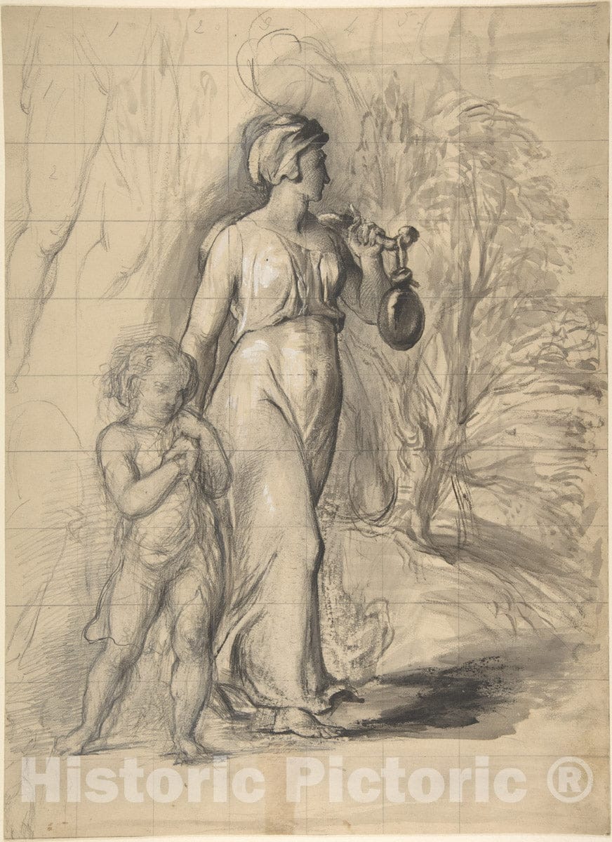 Art Print : Hagar and Ishmael in The Wilderness (Recto); Two Portrait Studies of The Artist's Wife, and a Study of a Leg and Torso : Vintage Wall Art