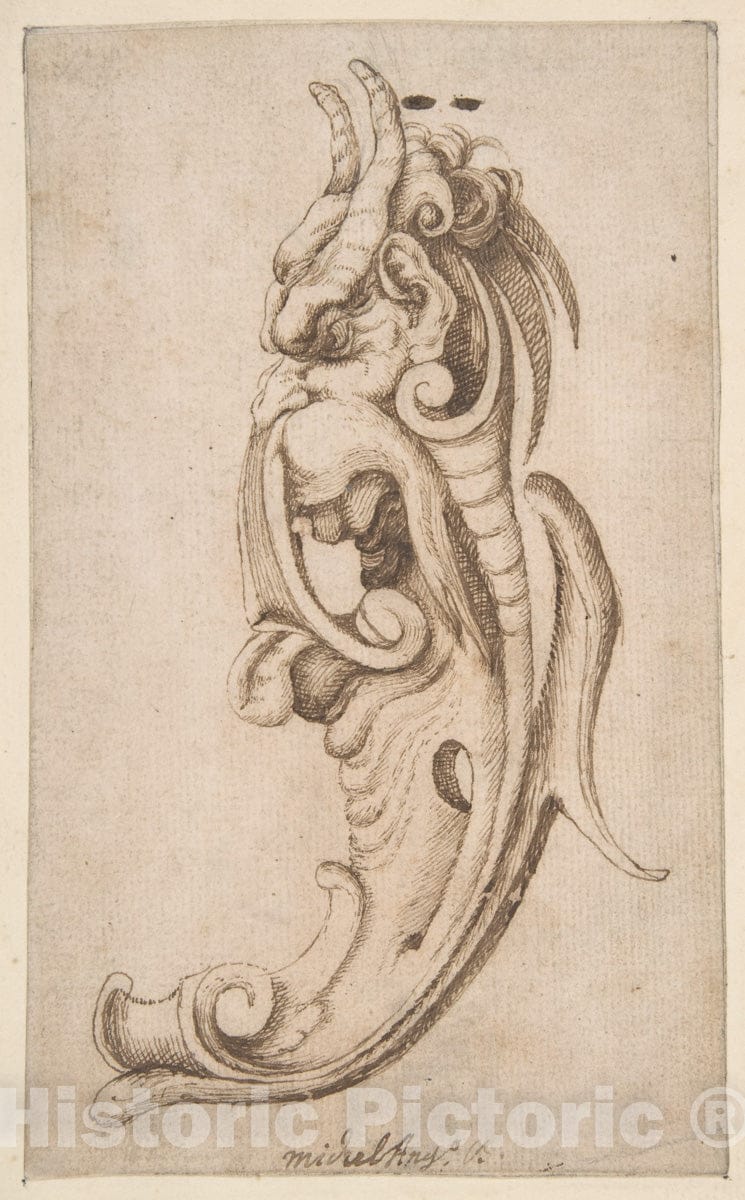 Art Print : Michelangelo Colonna - Cartouche in The Form of a Horned Monster's Head in Near Profile View. : Vintage Wall Art