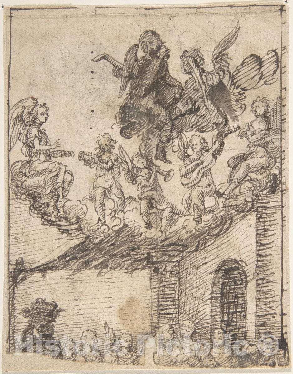 Art Print : Spanish, School of Seville, 17th Century - Fragment of Nativity Scene with Music-Making Angels on Clouds Above : Vintage Wall Art
