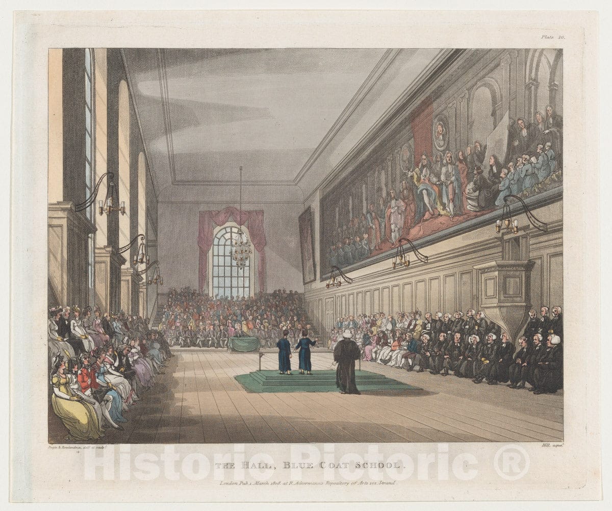 Art Print : Designed and Etched by Thomas Rowlandson - The Hall, Blue Coat School (Microcosm of London, Plate 10) : Vintage Wall Art