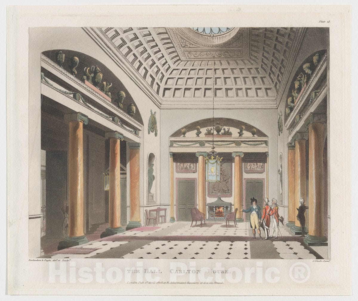 Art Print : Designed and Etched by Thomas Rowlandson - The Hall Carlton House : Vintage Wall Art