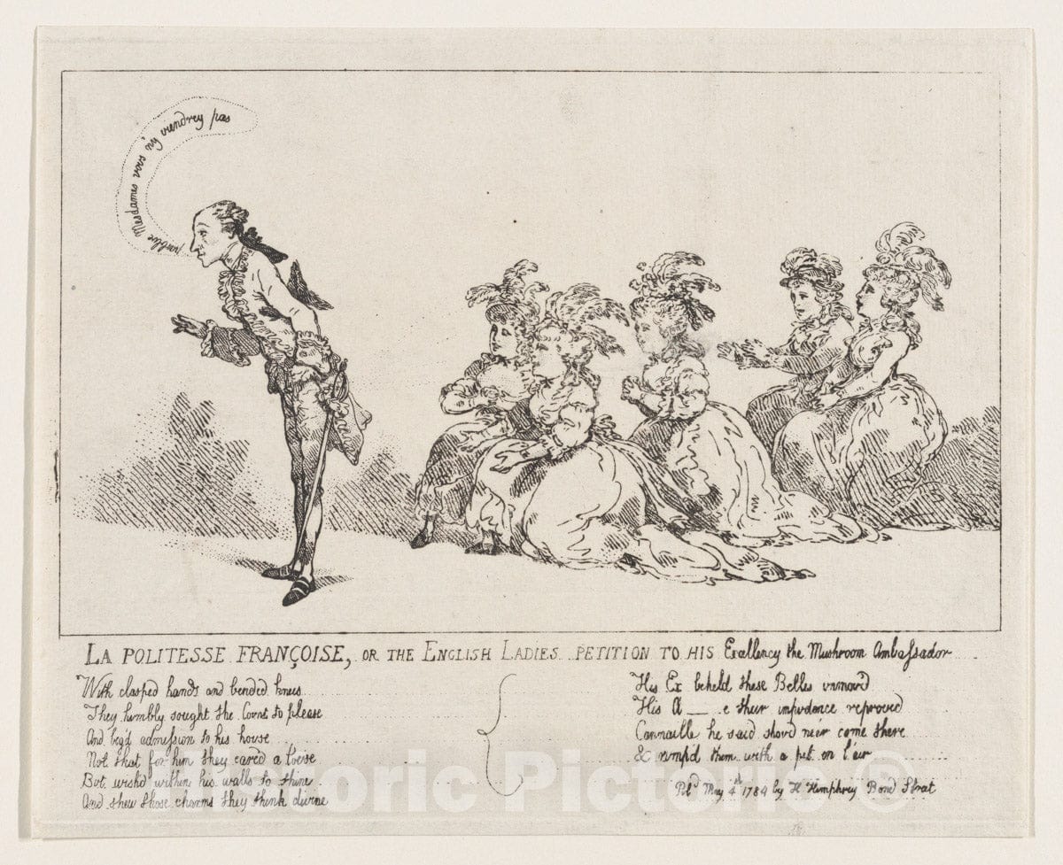 Art Print : Thomas Rowlandson - La Politesse Françoise, or The English Ladies Petition to His Excellency The Mushroom Ambassador 2 : Vintage Wall Art