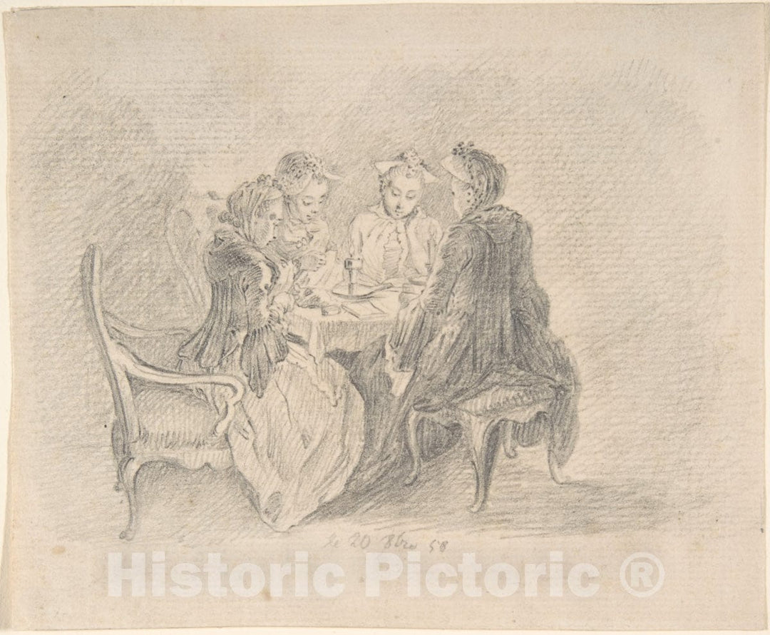 Art Print : Four Ladies Sitting Around a Table Occupied with Needlework - Artist: Daniel Nikolaus Chodowiecki - Created: 1758 : Vintage Wall Art