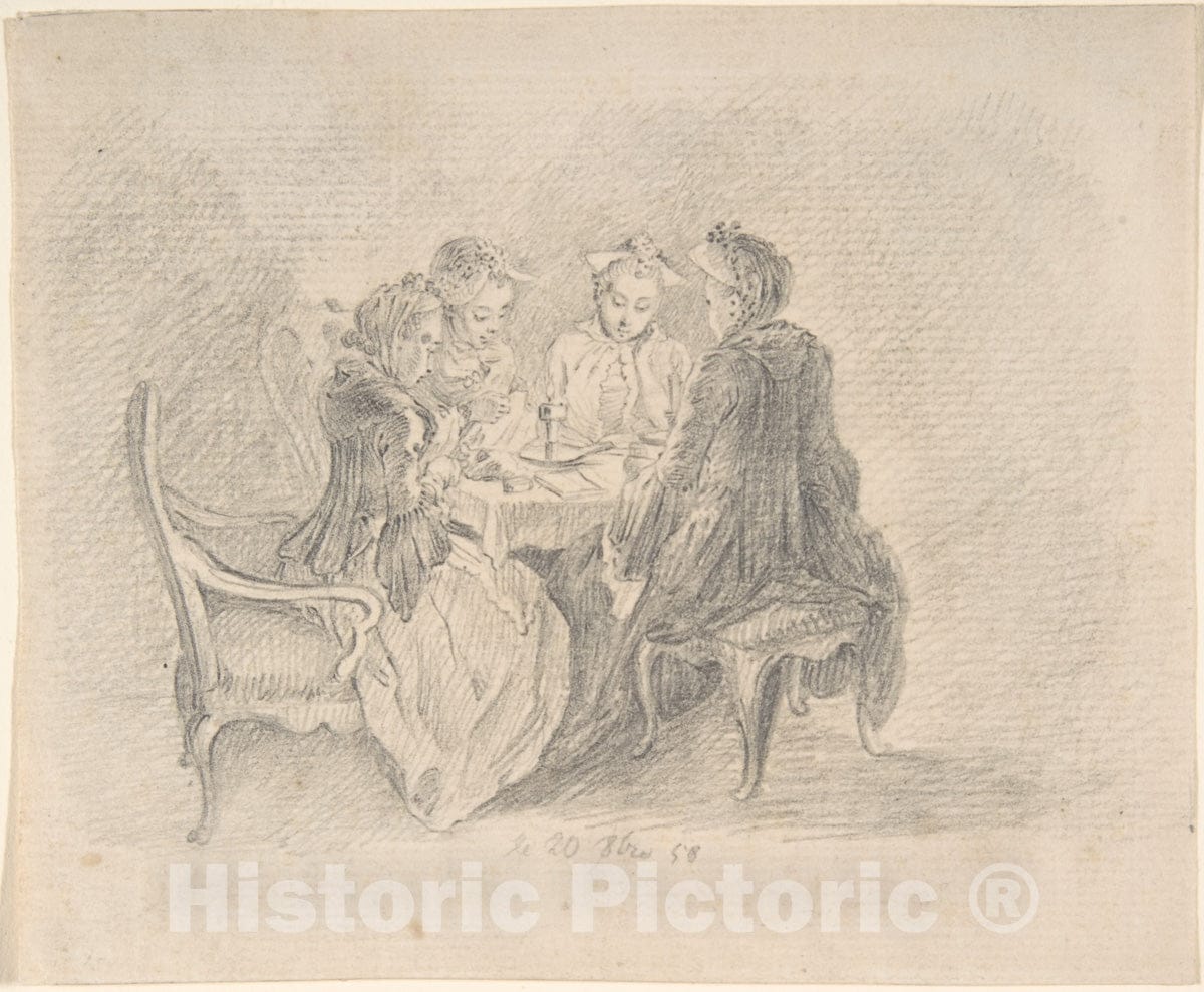 Art Print : Four Ladies Sitting Around a Table Occupied with Needlework - Artist: Daniel Nikolaus Chodowiecki - Created: 1758 : Vintage Wall Art