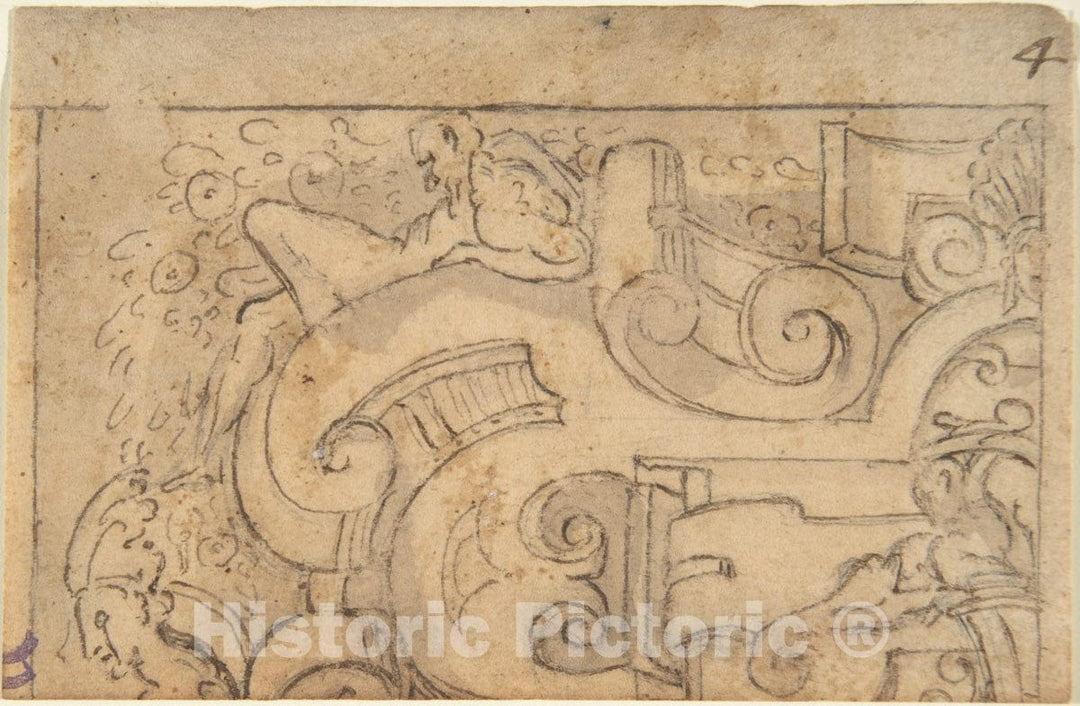 Art Print : Italian, 16th Century - Fragment of Strapwork Design (tracing?) : Vintage Wall Art