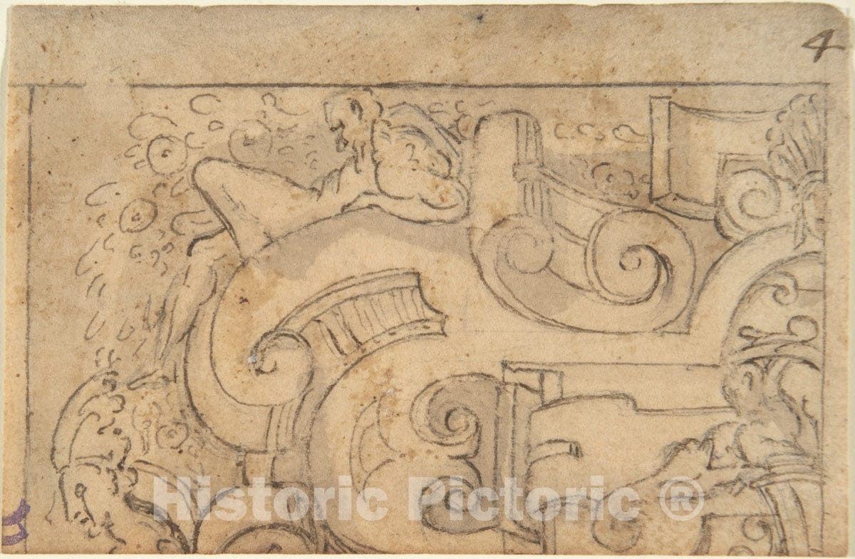 Art Print : Italian, 16th Century - Fragment of Strapwork Design (tracing?) : Vintage Wall Art