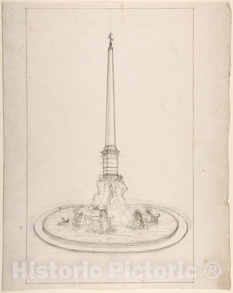 Art Print : Italian, 18th to 19th Century - Fountain with Obelisk : Vintage Wall Art