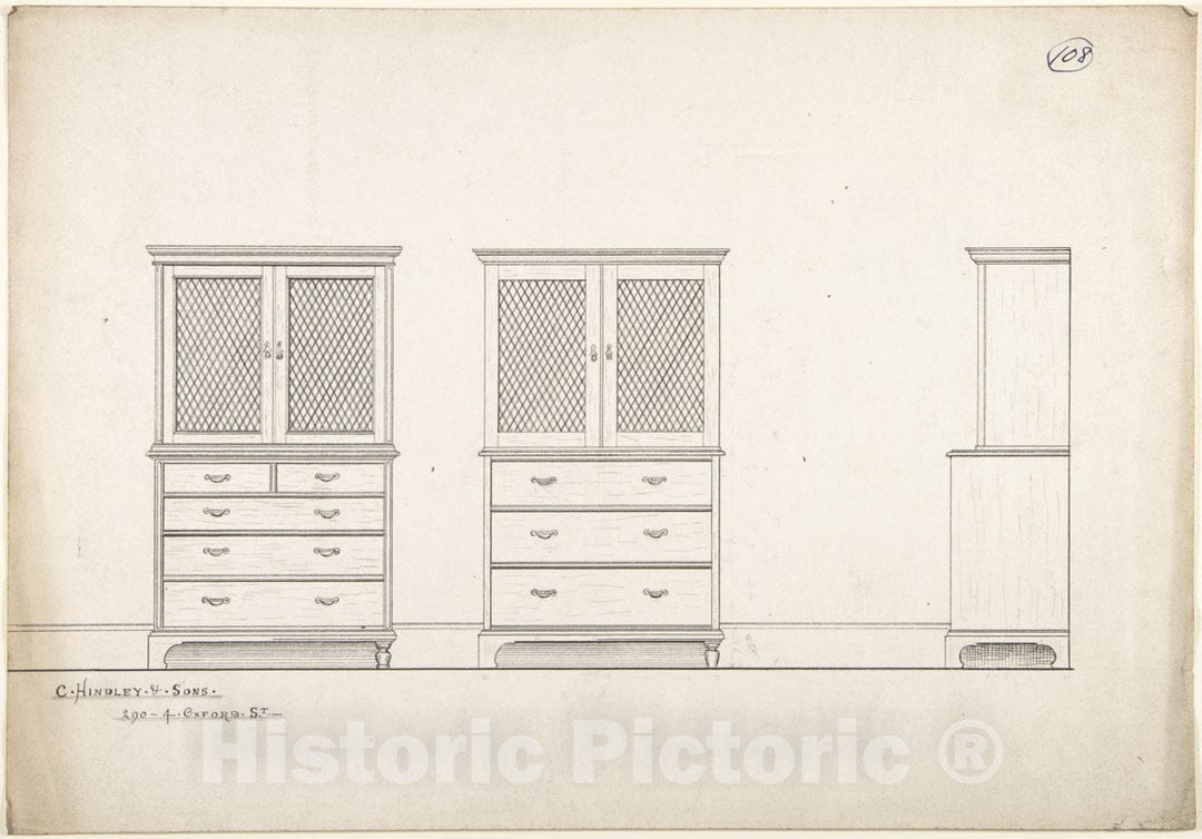 Art Print : Charles Hindley and Sons - Front and Side Views of Breakfronts : Vintage Wall Art