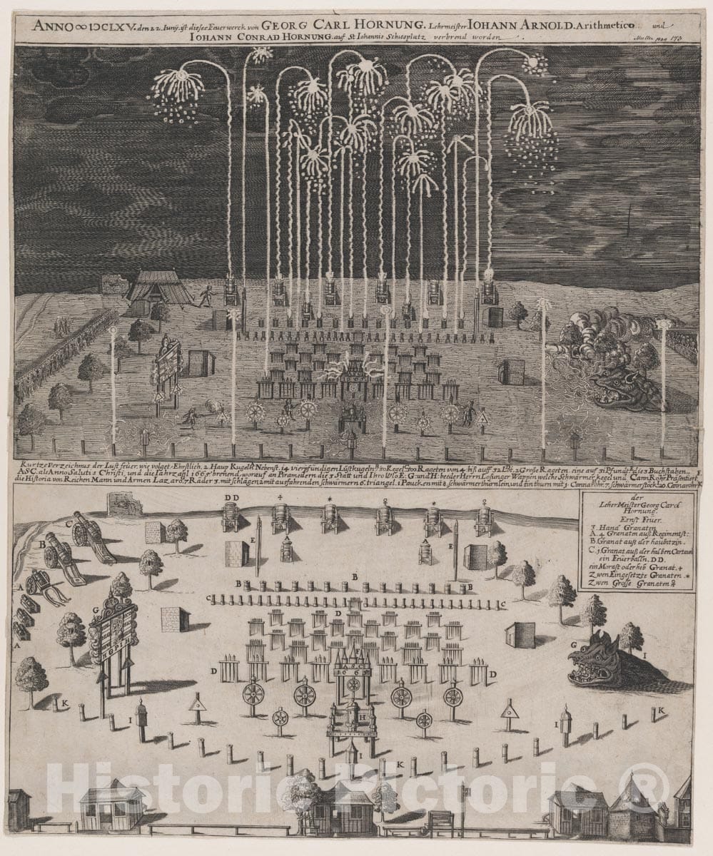 Art Print : Pyrotechnic Design by Georg Carl Hornung - Fireworks on The Schiessplatz, Nuremberg, June 22, 1665 : Vintage Wall Art