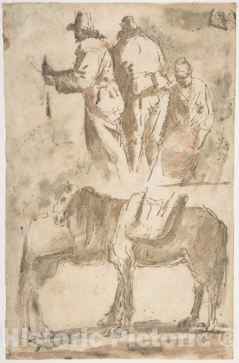 Art Print : Micco Spadaro (Domenico Gargiulo) - Sheet of Studies: Three Figures Above, Studies of Horses Below : Vintage Wall Art