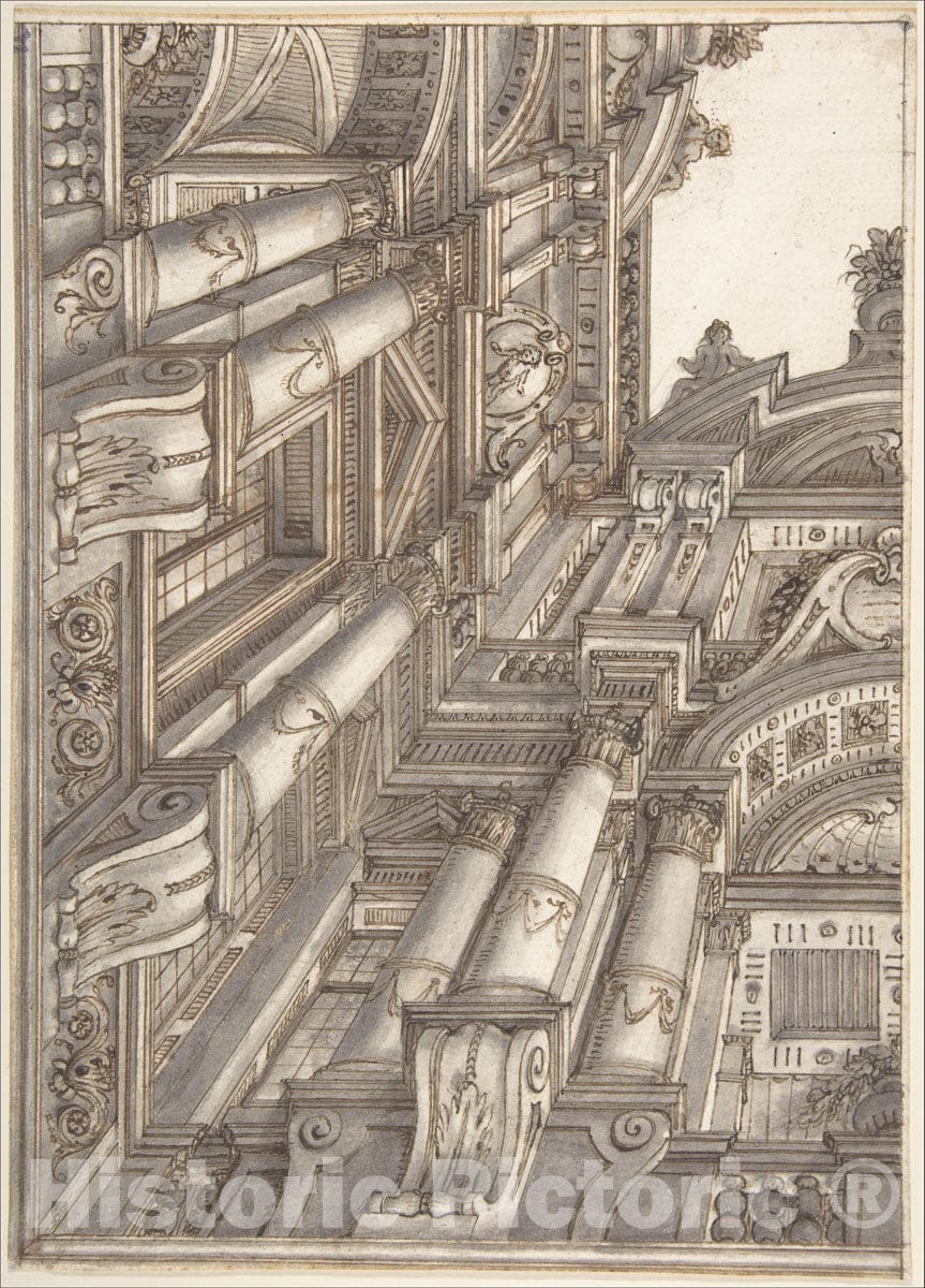 Art Print : Ferdinando Galli Bibiena - Foreshortened or Trompe L'Oeil View of The Architecture Surrounding a Courtyard : Vintage Wall Art