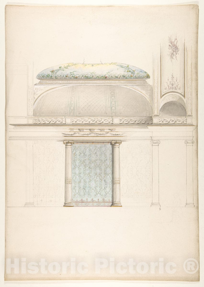 Art Print : Jules-Edmond-Charles Lachaise - Elevation and Transverse Section of a Domed and colonnaded Hall : Vintage Wall Art