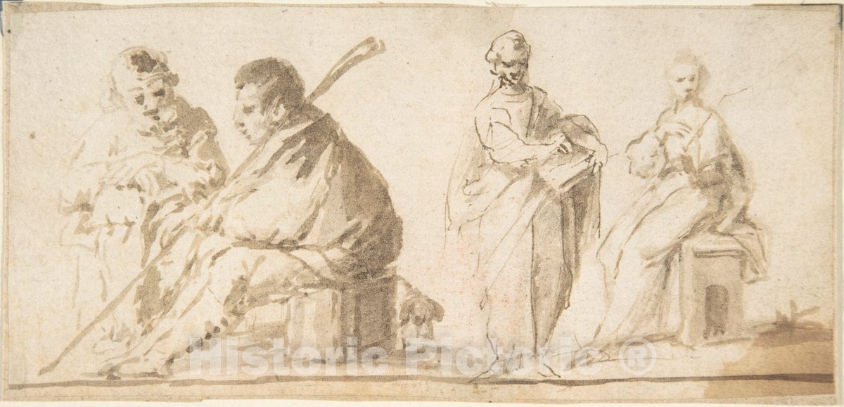 Art Print : Spanish, School of Seville, 17th Century - Four Figures : Vintage Wall Art