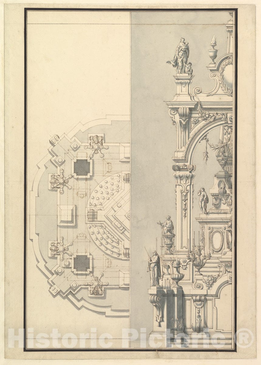Art Print : Workshop of Giuseppe Galli Bibiena - Half Plan and Half Elevation for a Catafalque for an Electress Palatine : Vintage Wall Art
