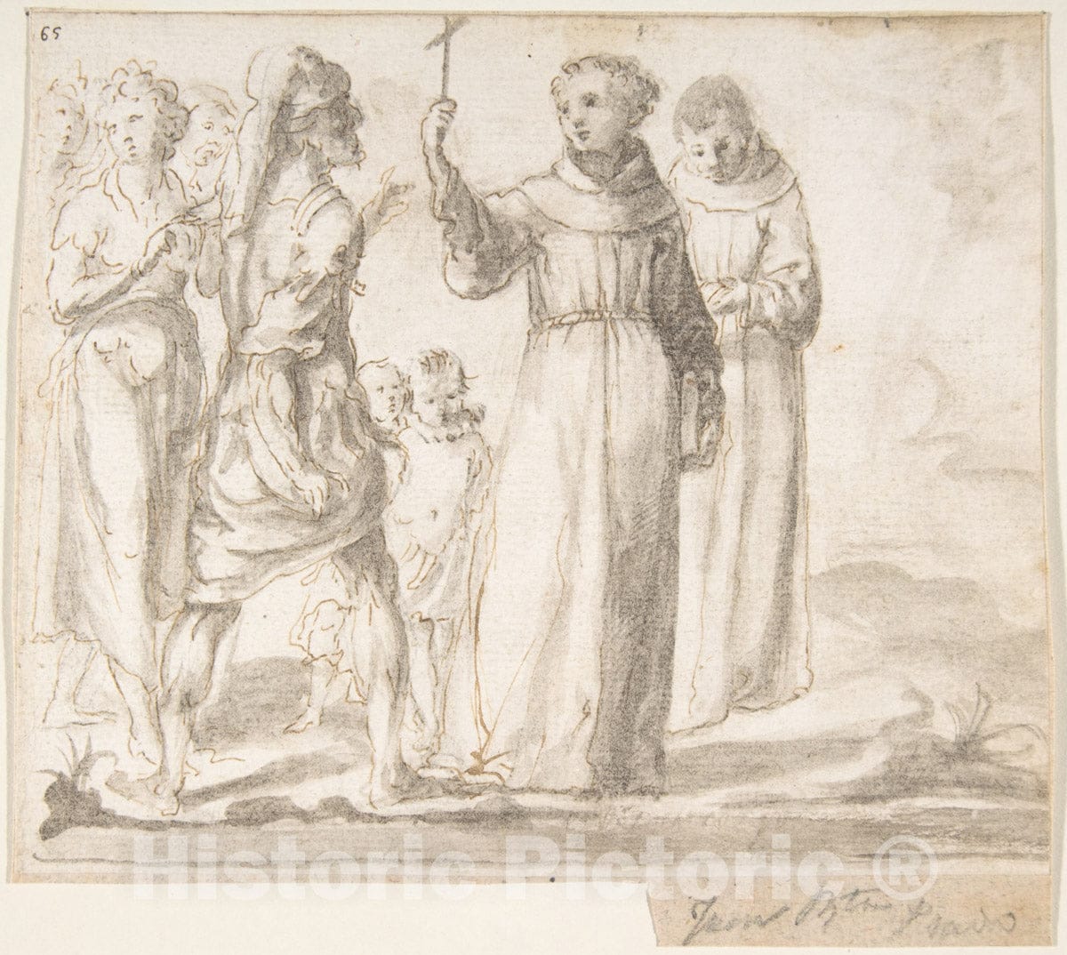 Art Print : Spanish, School of Seville, 17th Century - Figure of Monk Preaching to a Group of Figures : Vintage Wall Art
