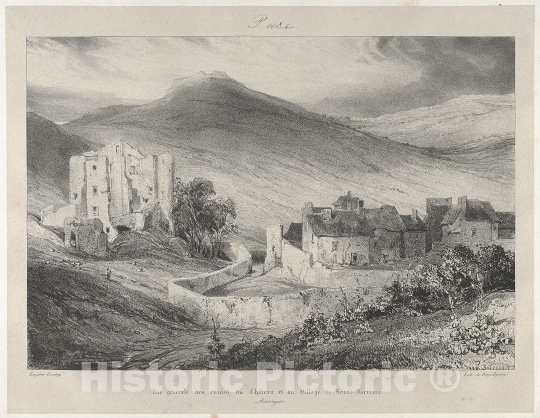 Art Print : Eugène Isabey - General View of Castle Ruins and of The Village of Saint-Necataire : Vintage Wall Art