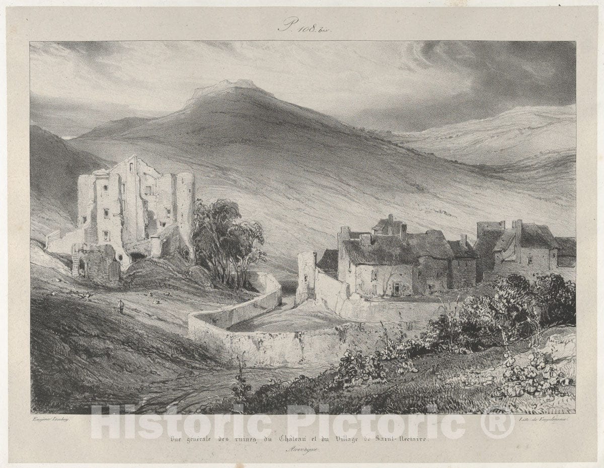 Art Print : Eugène Isabey - General View of Castle Ruins and of The Village of Saint-Necataire : Vintage Wall Art