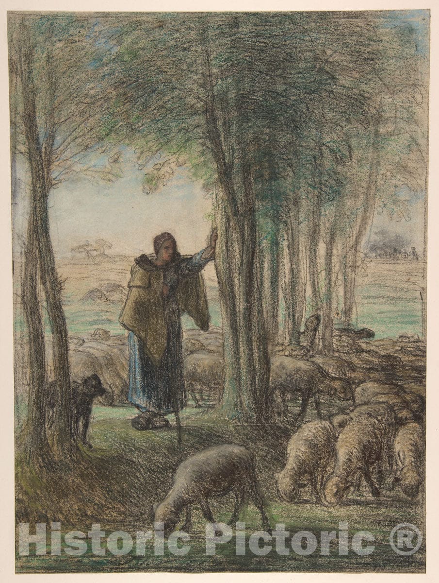 Art Print : Jean-François Millet - A Shepherdess and Her Flock in The Shade of Trees : Vintage Wall Art